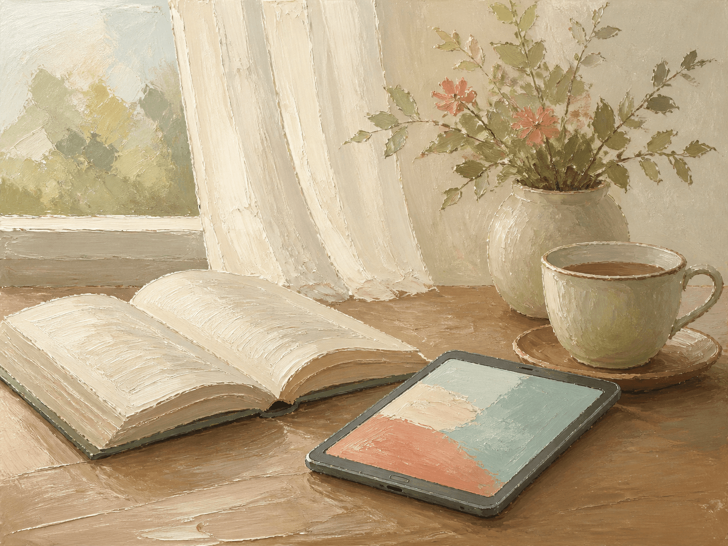 An acrylic painting of a tablet, open book, tea, and window for quiet focus
