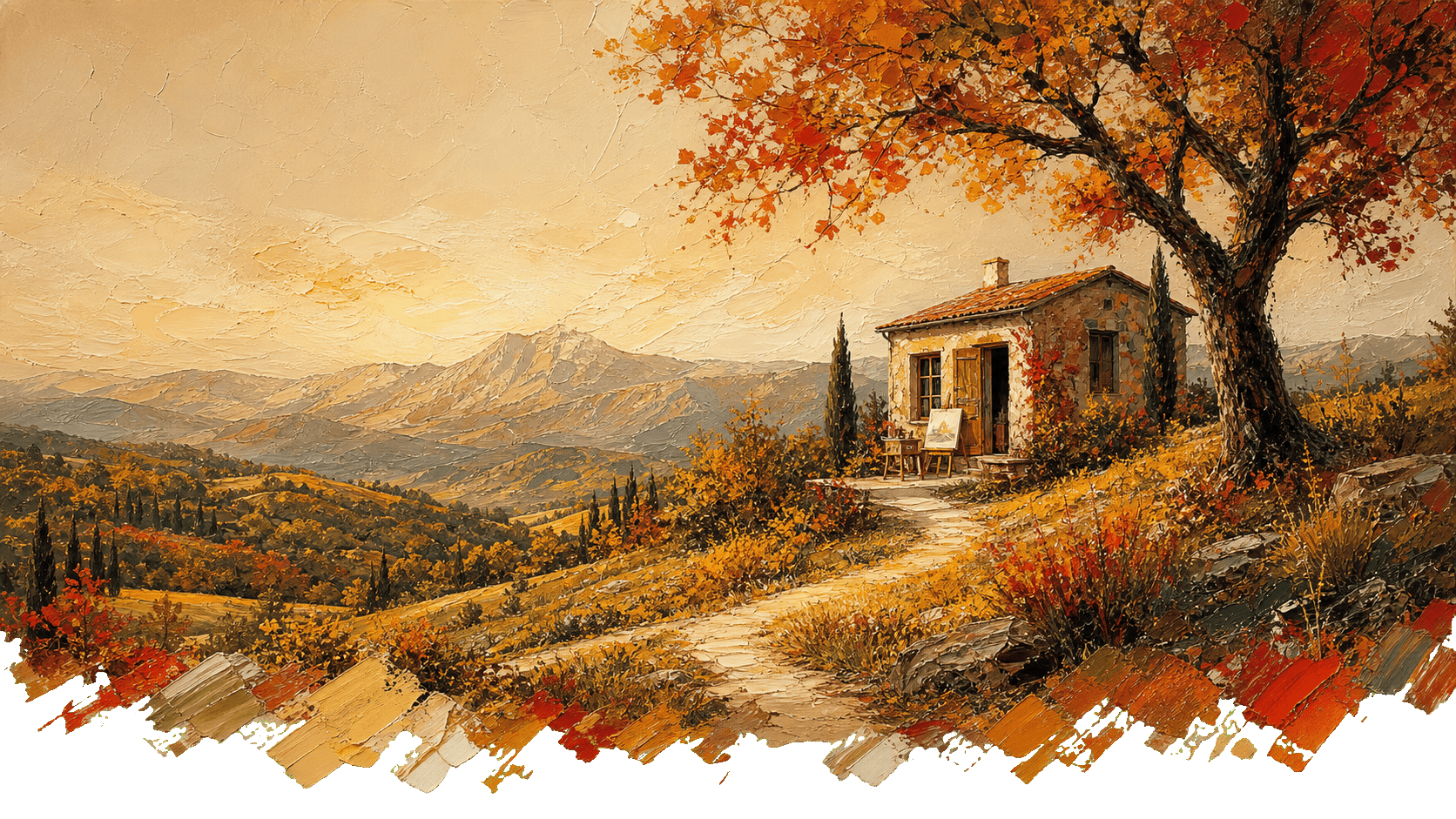 A full landscape acrylic painting of an autumn studio that dissolves only at the bottom into brush strokes