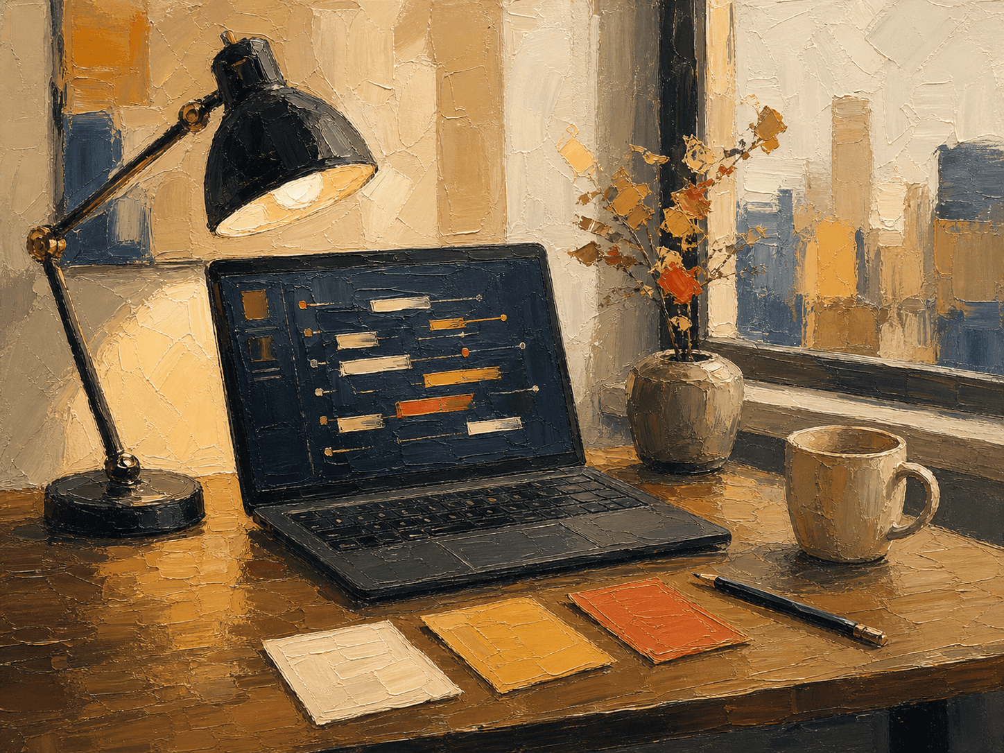 An acrylic painting of a local work desk with a laptop, task graph, notes, and lamp
