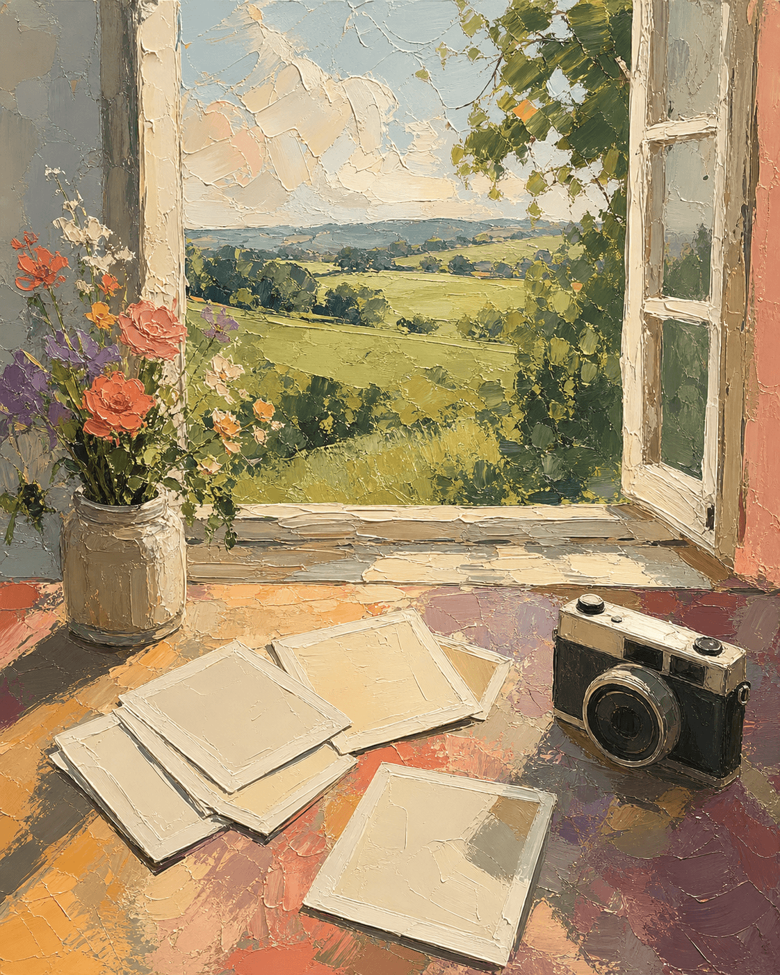 An acrylic still life of blank photo prints and a compact camera near an open window