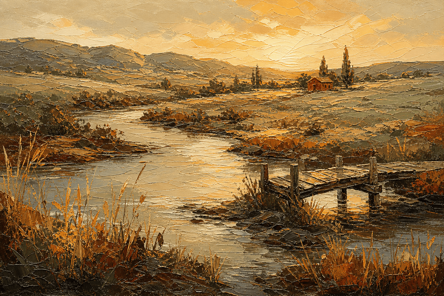An acrylic impasto landscape of a river, warm grassland, and a small red cabin