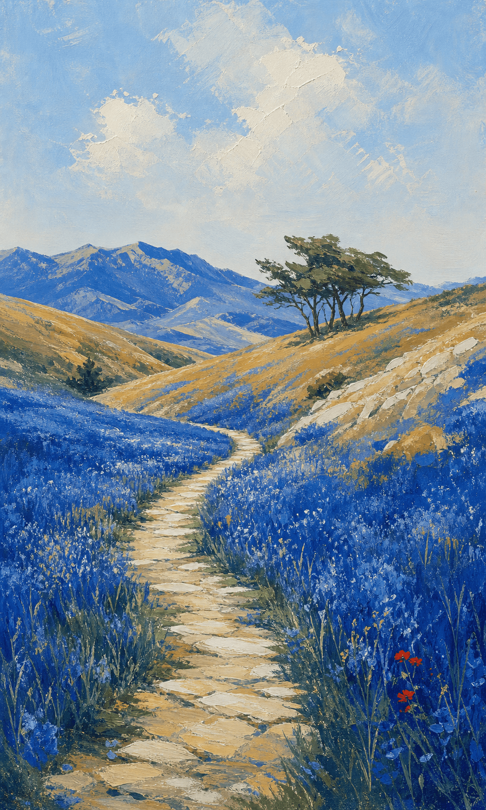 A cobalt acrylic meadow with a winding stone path and distant mountains