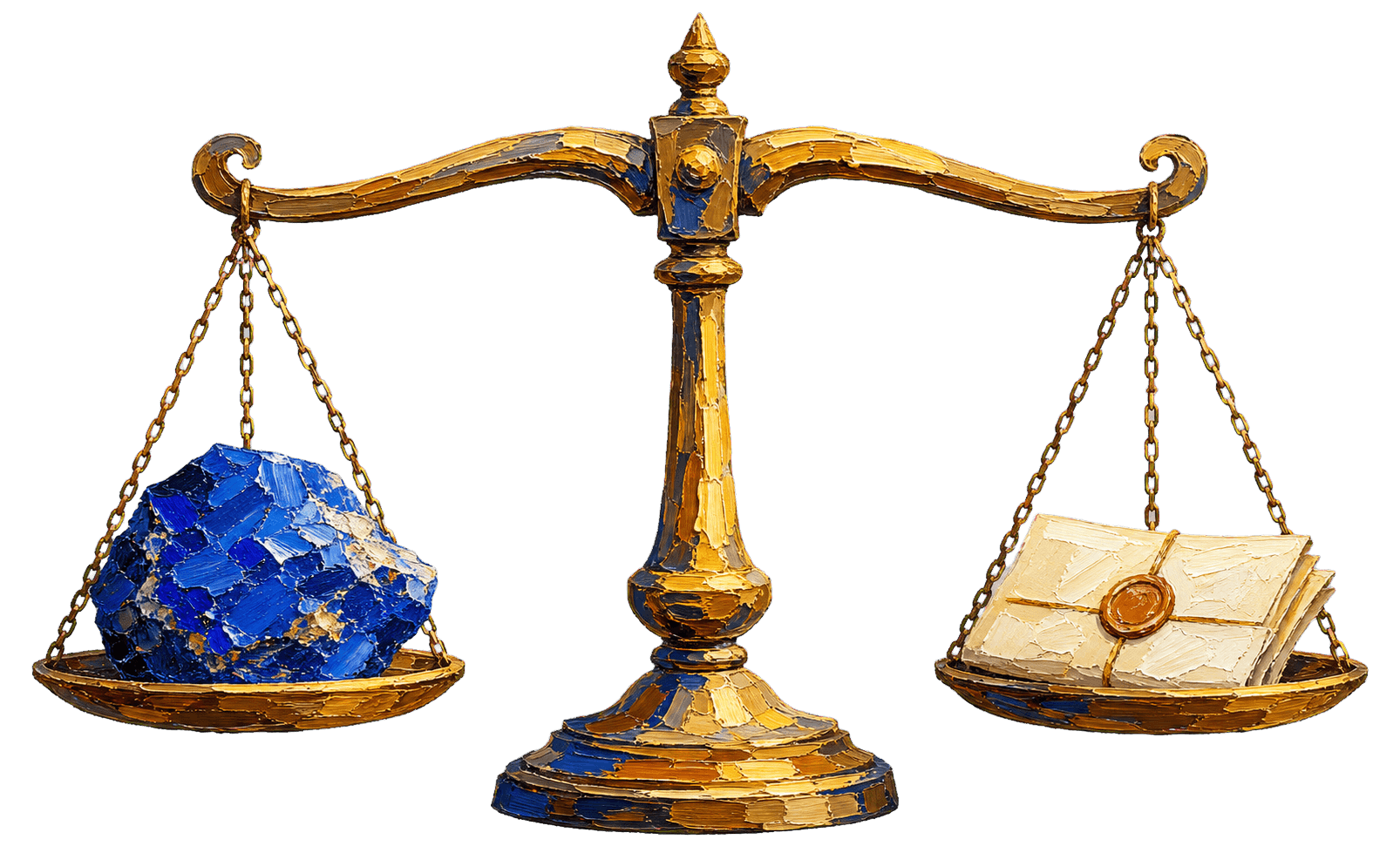 An acrylic impasto painting of a balance scale weighing a cobalt mineral against a folded legal document