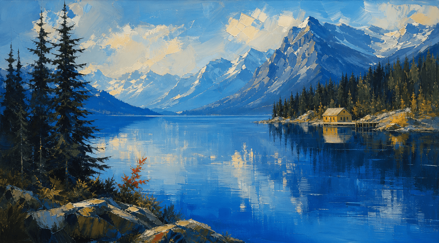 A cobalt acrylic mountain lake with a warm boathouse and reflected morning sky
