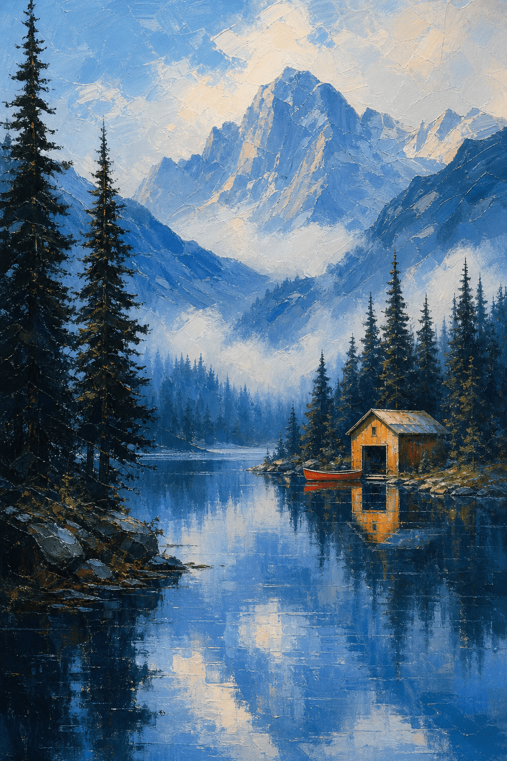 A vertical acrylic landscape of a misty mountain lake, fir trees, and a warm boathouse