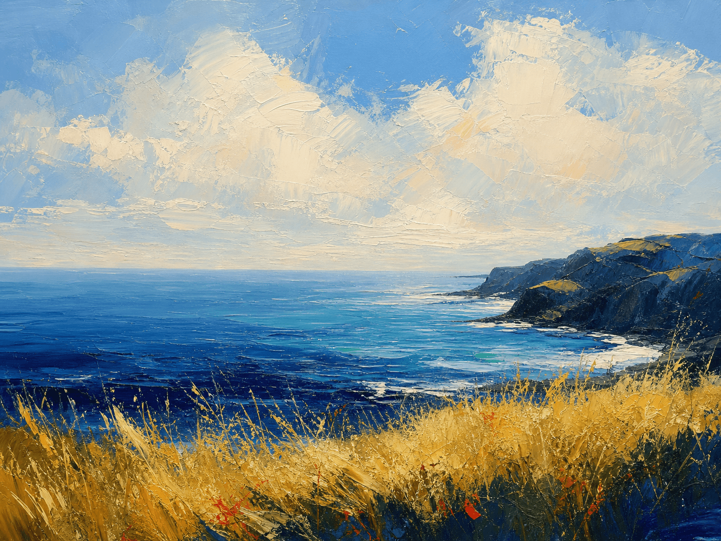 Acrylic coastal landscape with open sea, grasses, and cream clouds