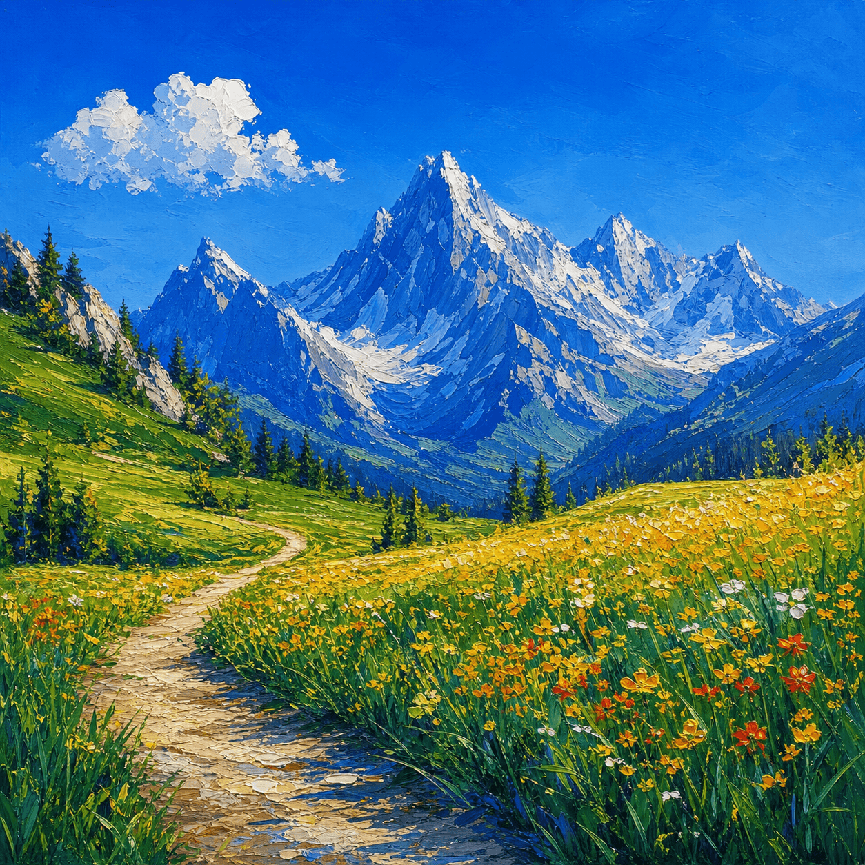 A square acrylic landscape of an alpine meadow and cobalt mountain range