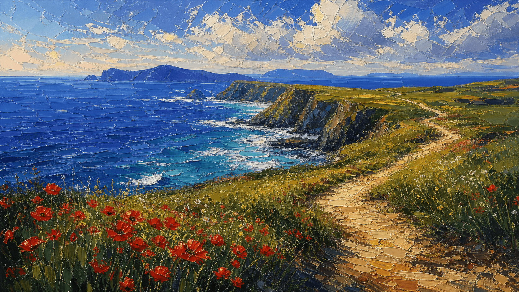 A saturated acrylic painting of a coastal headland, blue water, and a sunlit path